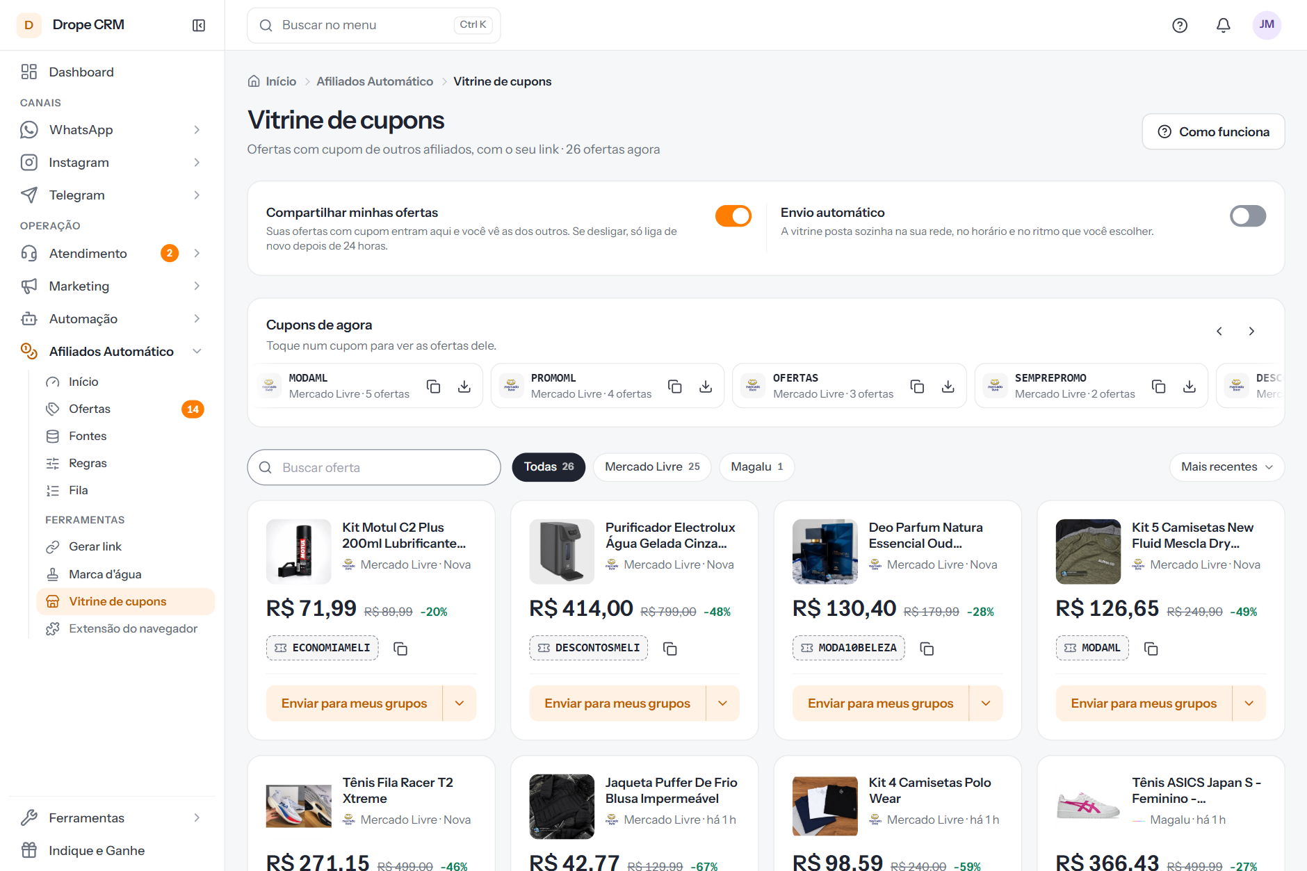 Vitrine de cupons no painel: ofertas com cupom de outros afiliados, com preço, desconto e código, prontas para enviar aos seus grupos com o seu link