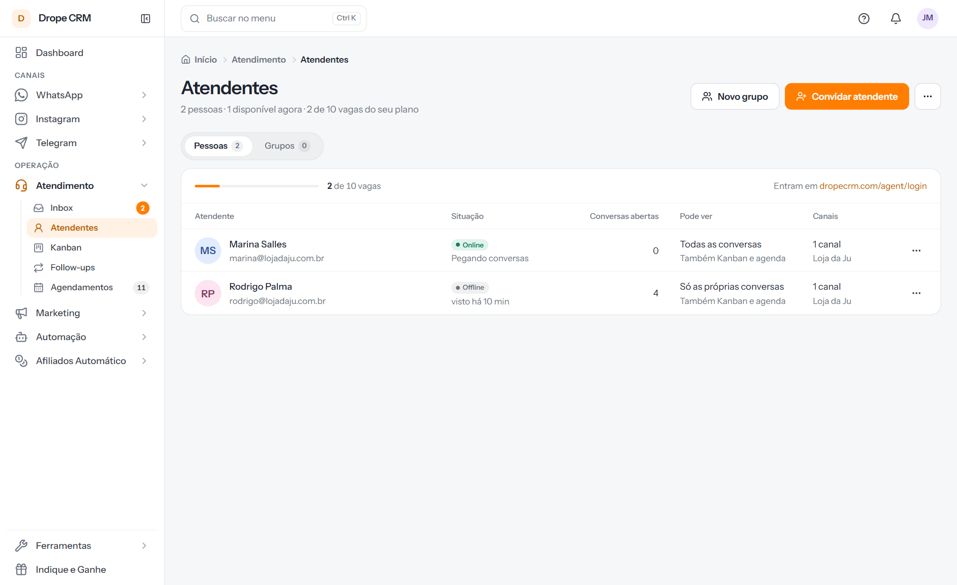 Equipe de atendimento com permissões, canais e atendimentos realizados
