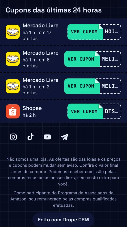 Cupons das últimas 24 horas, com o código escondido até entrar no grupo.