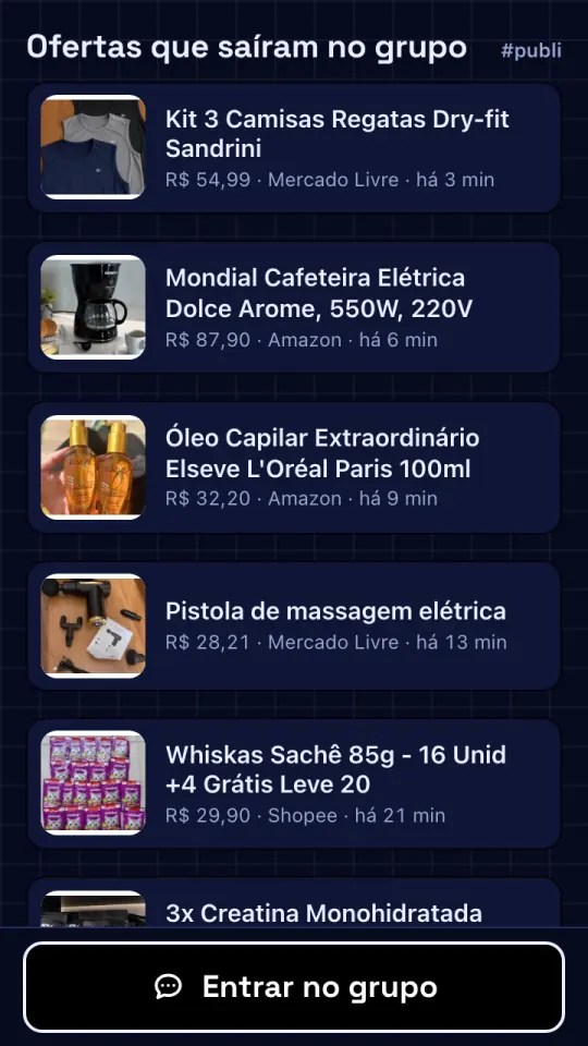 Ofertas que saíram no grupo, com foto, preço e loja.