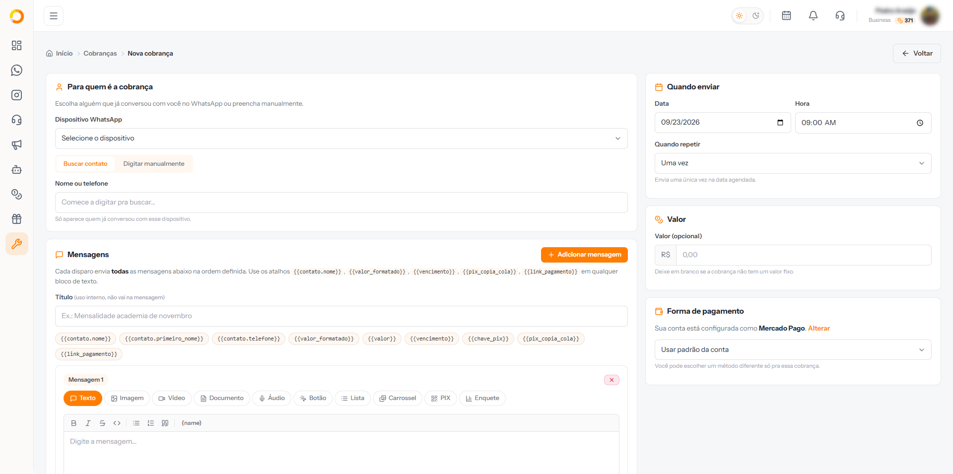 Nova cobrança com o contato, as mensagens com PIX, a data de envio, o valor e a forma de pagamento
