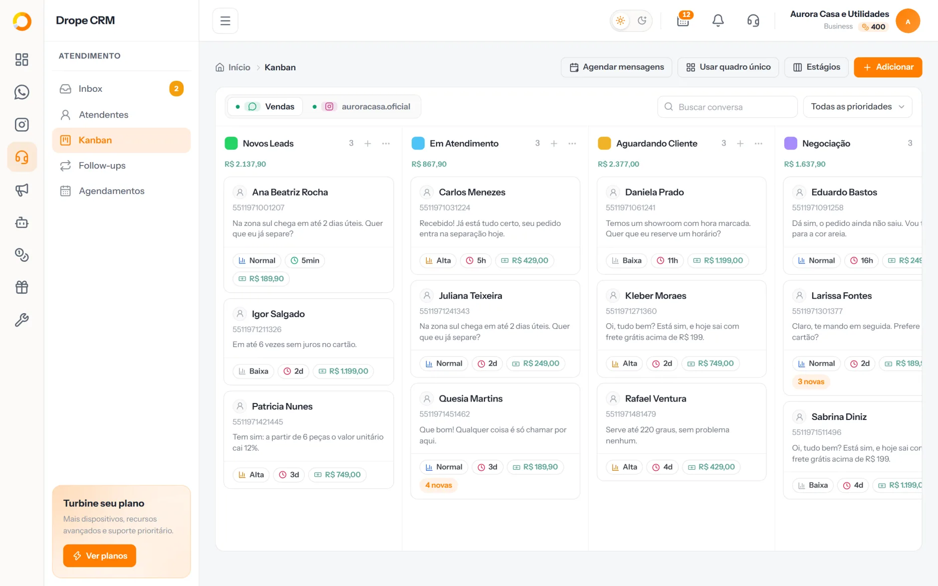 Quadro de vendas com os contatos em etapas, valor do negócio e prioridade