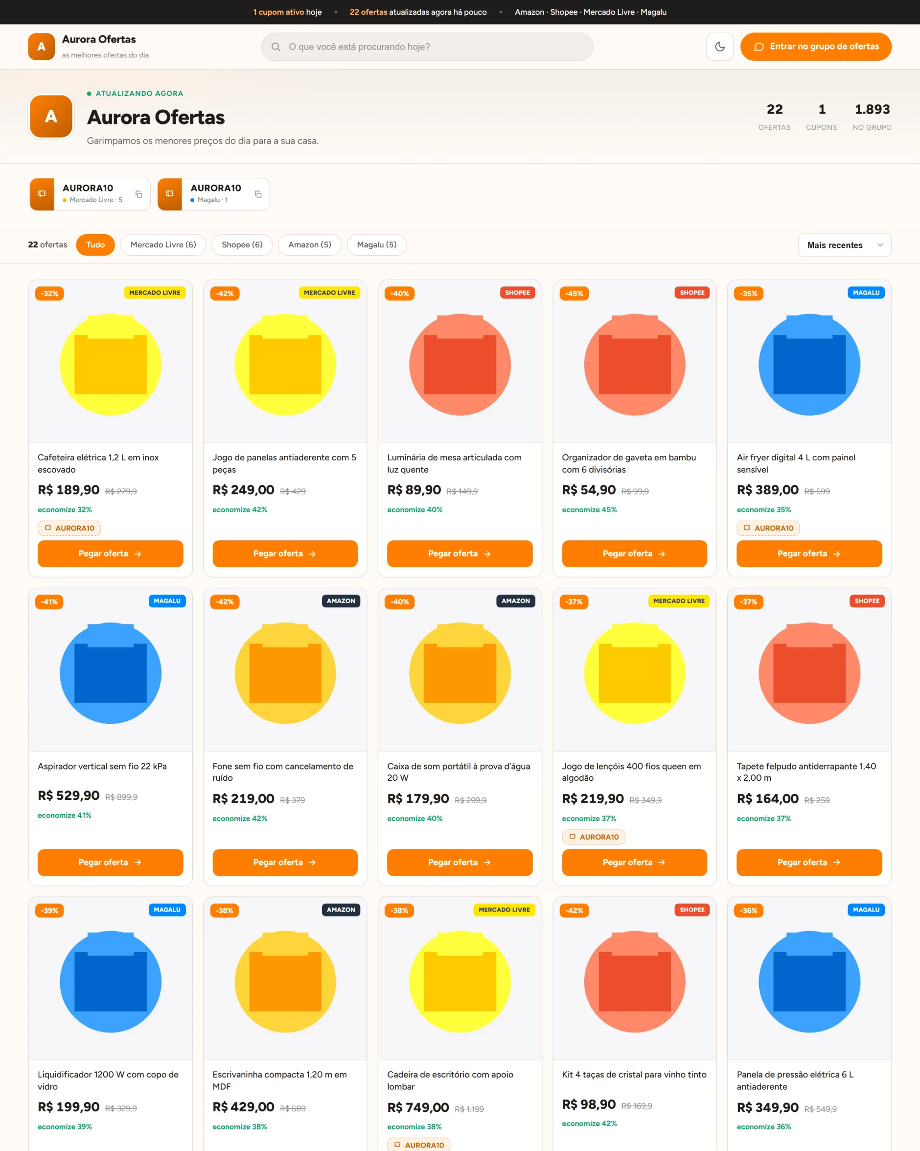 Página pública de ofertas da rede, com cupons e filtros por loja.
