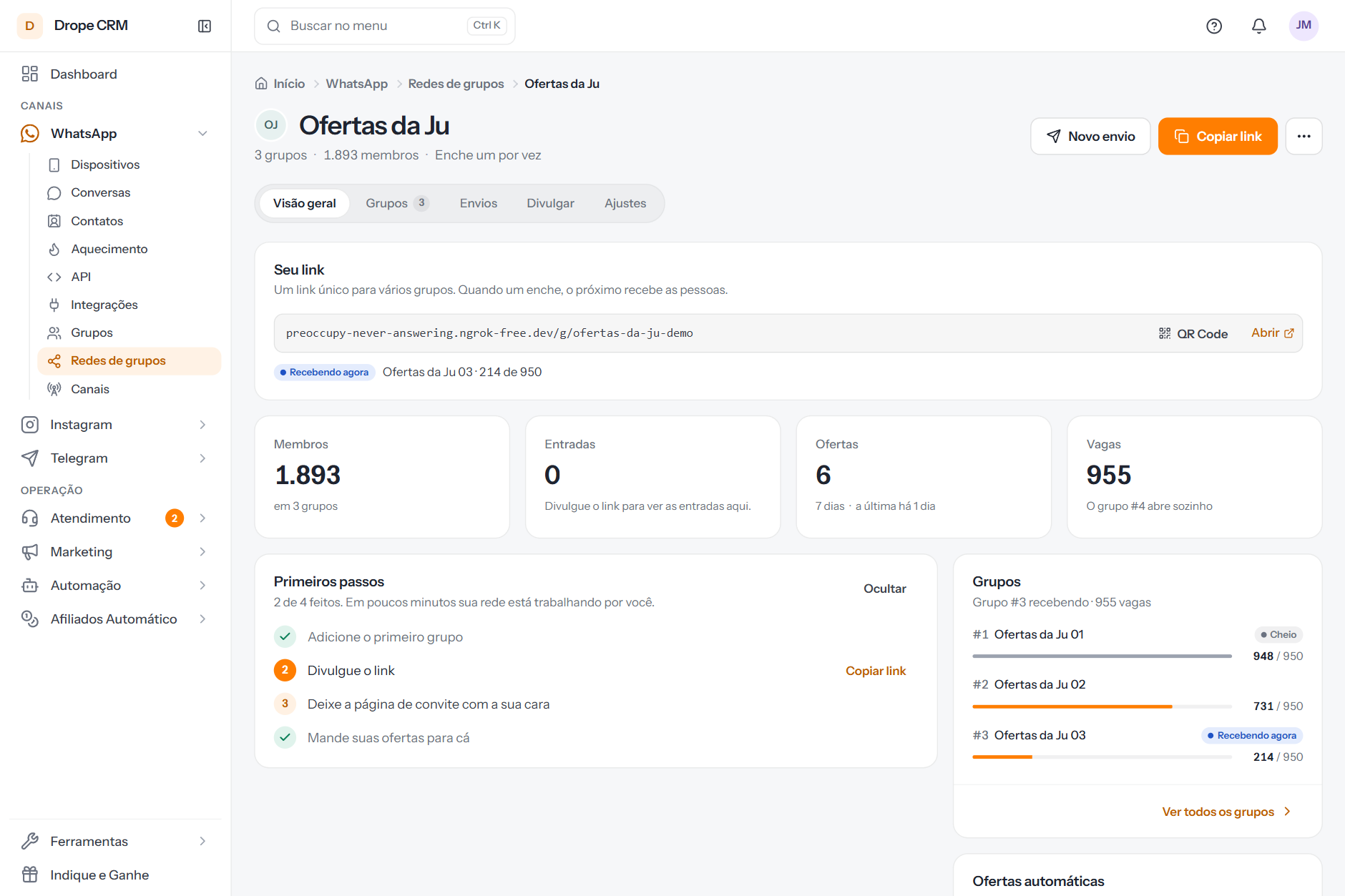 Rede de grupos com link público, saúde de cada grupo e criação automática do próximo